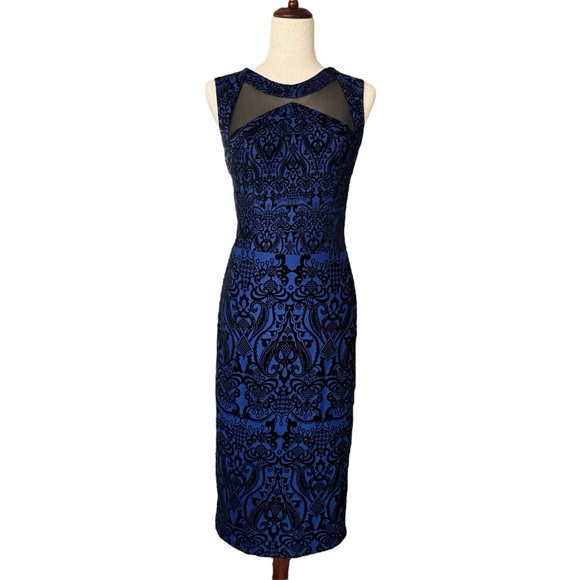 Y2K velvet burnout blue black Sleeveless midi Dress elegant sheath goth 960 - Picture 1 of 16